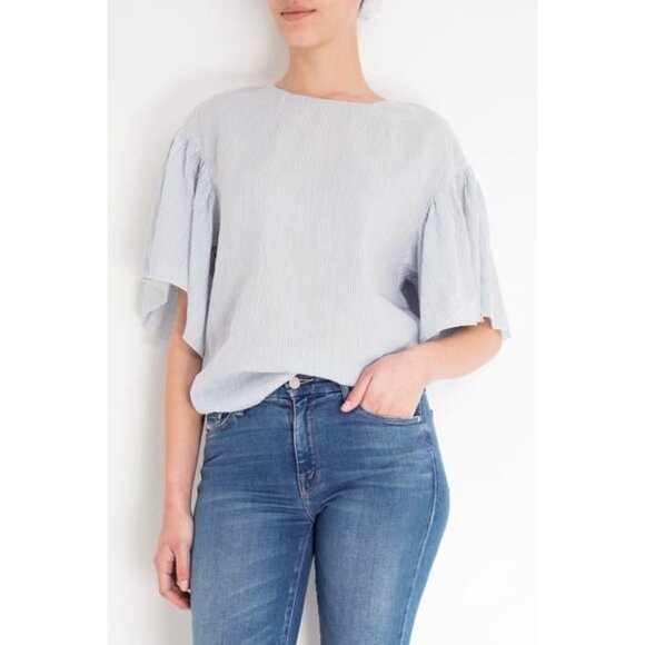 Pomandere Flutter Sleeve Top Blue Stripe 2 Cotton Hemp Blend Airy Lightweight - Picture 16 of 16